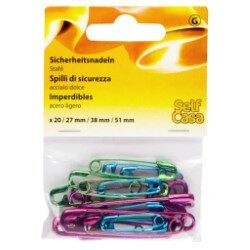 C112007-00000 Zapínací špendlíky, barevné (růžová, modrá, zelená metalíza), velk.: 27/38/51 mm, 20 ks.